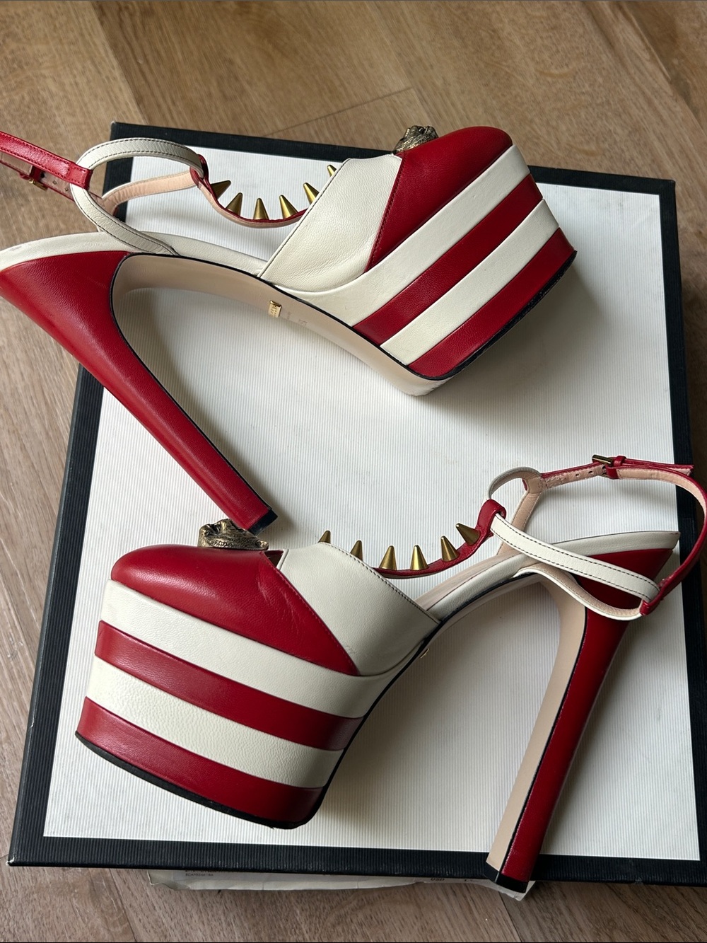 Gucci Red and White Stripe Platform Heels with Stud and Emblem Detail - Picture 10 of 13